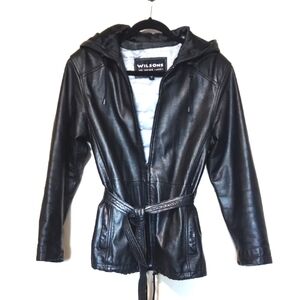 Vintage Wilsons Black Leather Hooded Jacket Size Small